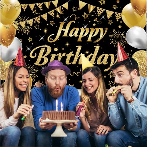 Image of Happy Birthday Banner - Decorations for Men Women Party Welcome Background Sign, Indoor Outdoor (Gold-A)