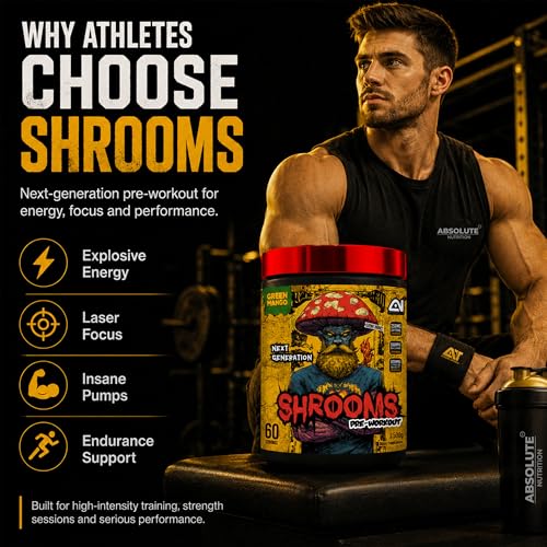 Image of Absolute Nutrition SHROOMS Pre Workout Powder (60 Servings, 500g) | With Beta Alanine, L-Citrulline DL-Malate 2:1, Cocoa Bean Extract & Bitter Orange | (Green Mango)