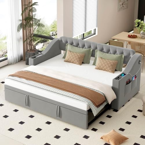 KOMHTOM Canapé lit 2 Places Convertible avec Rangement et Port de Charge, Lit 90/180x190cm avec lit gigogne (Matelas Non Inclus) (Gris)