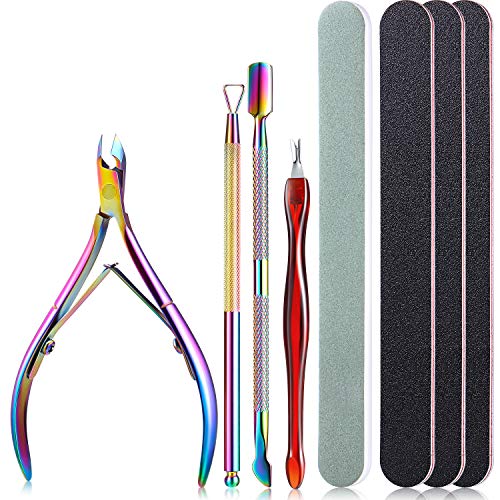 8 Pieces Cuticle Trimmer and Pusher Cuticle Nipper Set, Stainless Steel Cuticle Clippers Scraper Cuticle Knife Nail File and Buffer with Black Double Sided Emery Board Manicure Tools Kit for Women Men