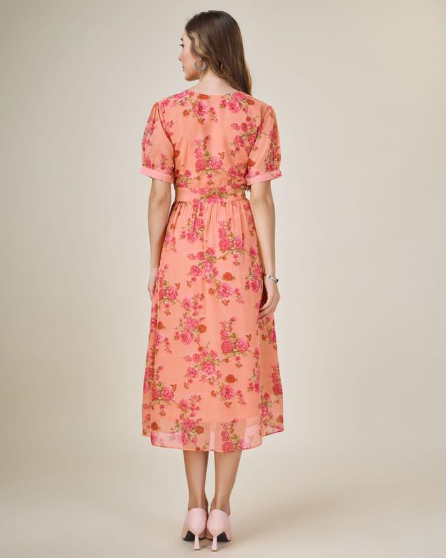 Image of MOJILAA Women's Orange Georgette Draped Floral Printed Flared Dress