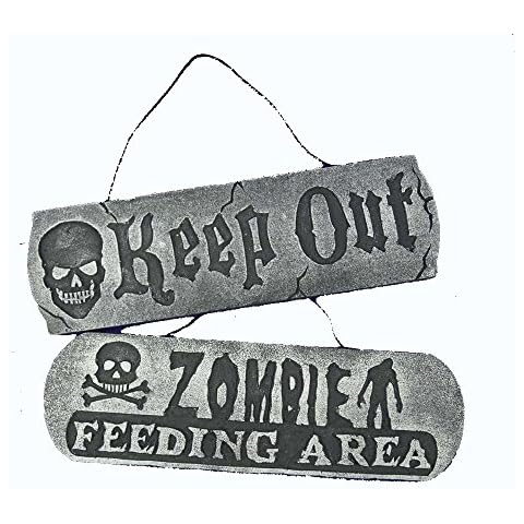 Chic Designs Set of 2 18" Hanging Asst. Halloween Foam Signs (Zombie Feeding Area/Keep Out), Props, Haunted Houses, Yard Decorations and Accessories Cover