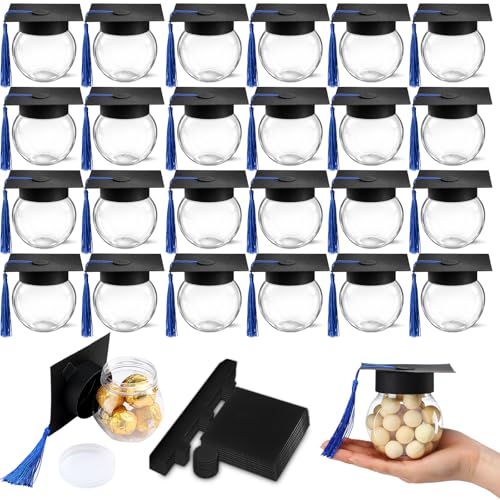 Teenyyou 24 Pcs Blue 2026 Graduation Cap Candy Jars Graduation Party Favors Candy Containers Bulk Grad Cap Box Jars Container with Tassels for DIY Table Party Supply Gifts