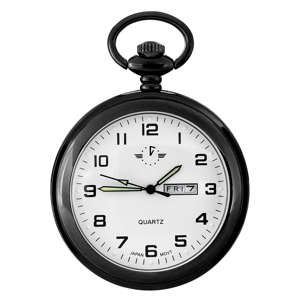 BOSHIYA Smooth Quartz Pocket Watches for Men Classic Arabic Digital Luminous Dial &amp; Day Date Pocket Watch with Chain Christmas Graduation Birthday Gifts