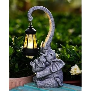 Pohabery Elephant Outdoor Statues with Cute Baby Garden Decor, Resin Elephant Figurines with Solar Lantern Outdoor Decoration Gifts for Mothers Day, Birthday Day