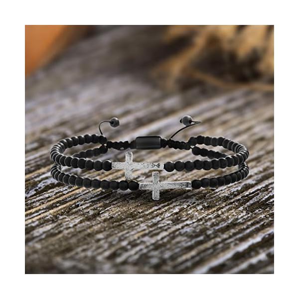 Steve Madden Cross Station Double Strand Simulated Black Onyx Beaded Adjustable Bracelet For Men (Black), One Size (SMBS606861OX-SBK)