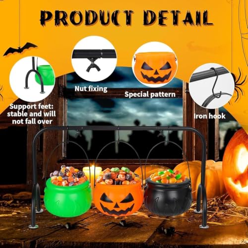 Cuenco tipo caldero Halloween con mini cubo para dulces y soporte de buffet 8