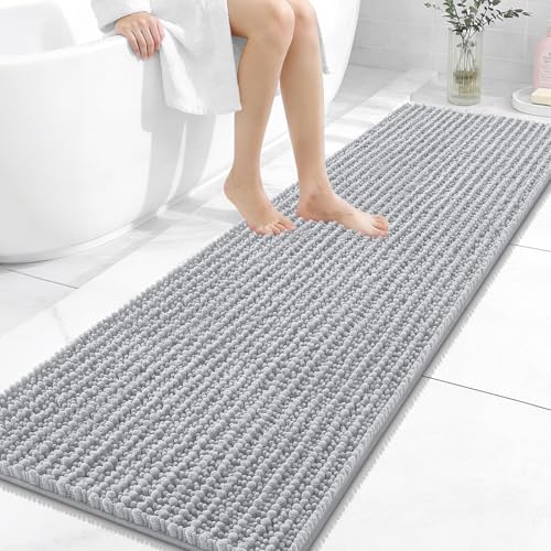 Image of OLANLY Long Bathroom Rugs Runner 59x20, Thick Soft and Absorbent Chenille Bath Mat, Non-Slip, Machine Washable Quick Dry Bath Rugs for Tub Shower Floor, Home Decor Accessories, Light Grey