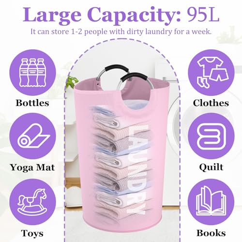 Image of 125L Pink Laundry Basket, Extra Large Clothes Basket with Handles, Waterproof Dirty Clothes Hamper, Collapsible Laundry Bin Stand Upright, Sturdy Storage Basket for Bathroom, Flat, Pink