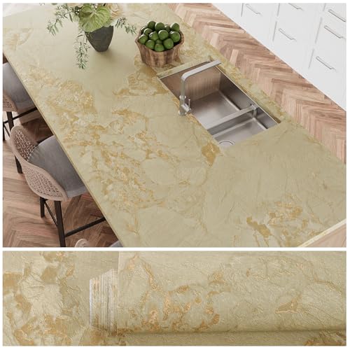 VEELIKE Papel Pintado Marmol Oro Mate 40 cm × 300 cm Papel Pintado Pared Efecto Mármol Amarillo Dorado Grueso Vinilo Encimera Cocina Comedor Mesa Lavable Vinilo Adhesivo Pared Dormitorio Baño