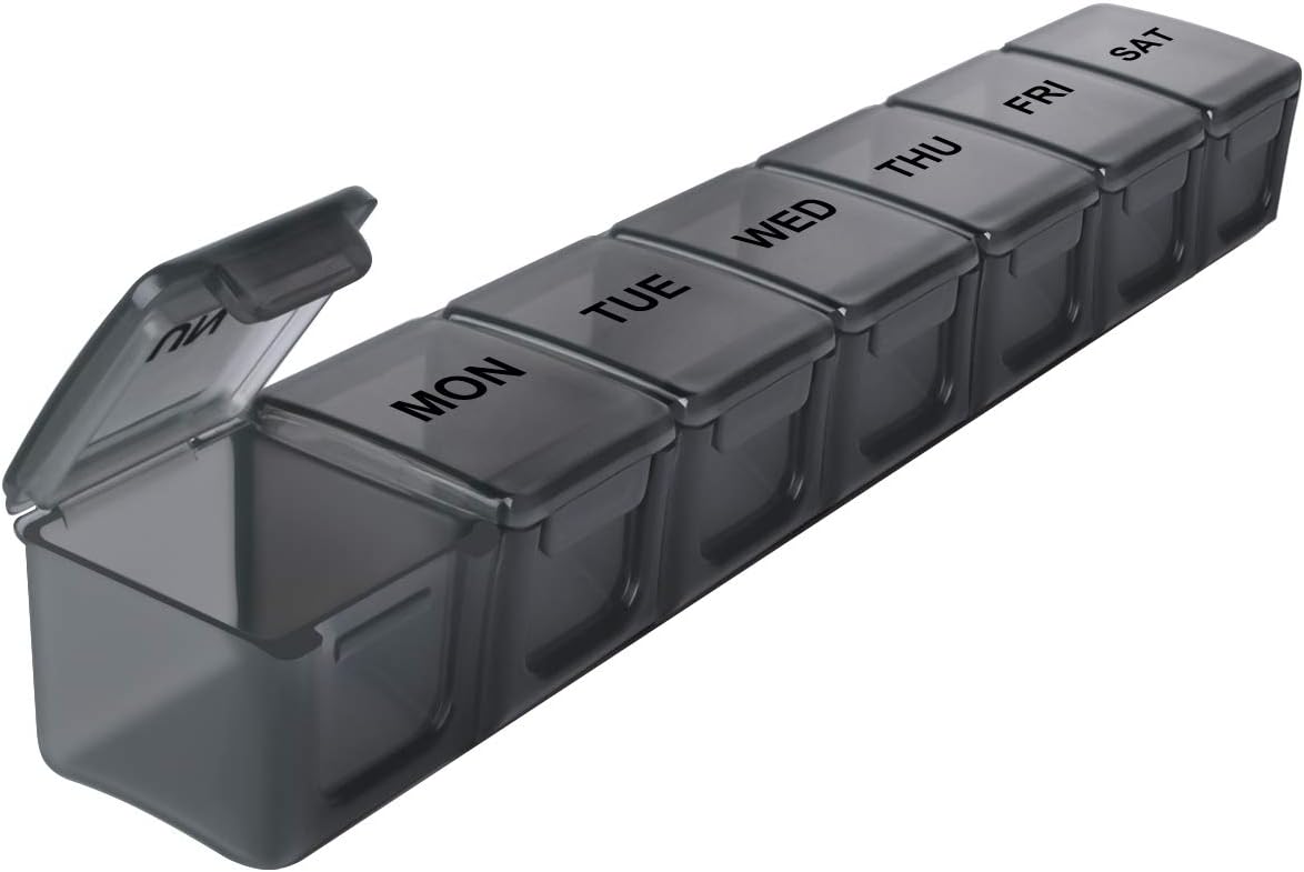 BUG HULL Extra Large Pill Organizer for Travel, Weekly XL Pill Box, 7 Day XXL Pill Case, Oversize Daily Medicine Organizer for Vitamins, Fish Oils, Supplements (Black)