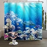 Xiaoterna Ozean Duschvorhang Unterwasser Meeresleben Duschvorhang Meereswelt Schildkröten Fische Badezimmervorhang Korallenriff Floral Wasserdicht Schimmelresistent Badezimmerdekoration 120x180cm