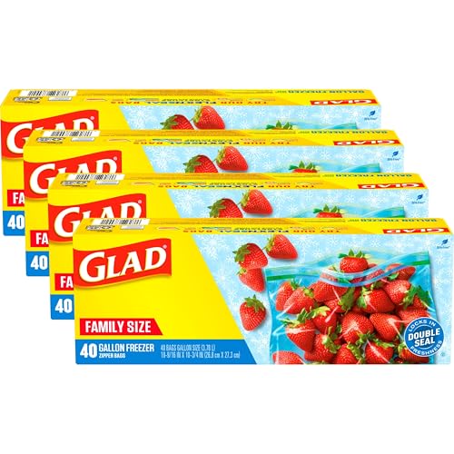 Glad Zipper Freezer Storage Plastic Bags, Gallon, 40 Count, Pack of 4 (Package May Vary)