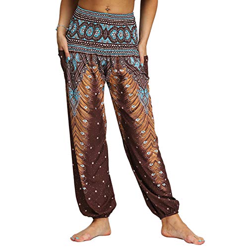 Preisvergleich Produktbild Fansu Damen Haremshose Tasche, Sporthose Yogahosen elegant Blumenmuster Pumphose Leichte Sommerhose Hose Hosen Große Ballonhose Hippiehose (Einheitsgröße,Braune Feder)