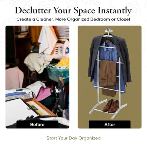 Image of Kings Brand Freestanding Metal Suit Valet Stand with Tie Bar, White | Complete Clothing Organizer with Hanger, Trouser Bar & Shelf Keeps Jackets, Pants, Ties, Belts & Accessories Organized