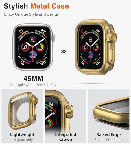 Image of ULTIMAL Metal Case Compatible with Apple Watch Series 9 /8 /7 45mm with Back Cover,Military Grade Shockproof Protective Case, Rugged Cover for iWatch 45mm (Gold)