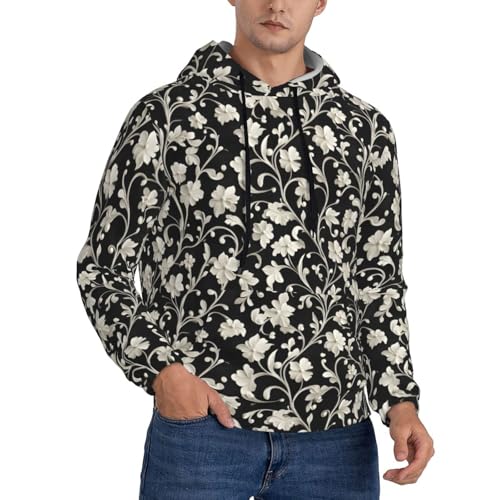 Hoodies For Men - White Flowers Print Long Sleeve Casual Men'S Hoodies & Sweatshirts Pullover With Pocket