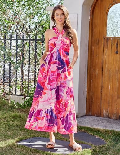 Image of GRACE KARIN Womens Summer Floral Dresses 2026 Boho Maxi Dress Flowy Halter Sundress Casual Vacation Beach Clothes with Pocket