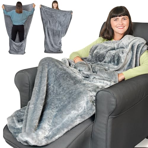 EzrAllora Fleece Lightweight Foot Pocket Blanket -Patent Pending- Gamer Gift for Men Who Have Everything -Father's Day Premium Gifts for Dad Who Wants Nothing and Elderly Dads (Fleece, Silver Grey)