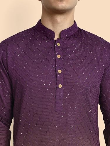 Image of Vardha Men's Cotton Chikankari Embroidered Kurta with Full Sleeves and Knee Length Design and Elegant Sequence Work | Kurta for Men