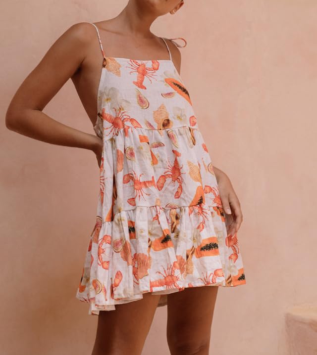 Image of NUFIWI Women Boho Graffiti Cami Mini Dress Spaghetti Strap Printed A Line Short Dress Backless Cut Out Colorful Sundress