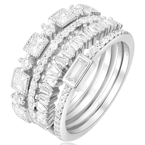 4 Pcs Cubic Zirconia Wedding Bands for Women 925 Sterling Silver, 14k White Gold Plated AAA CZ Solitaire Eternity Rings, Stackable Simulated Diamond Engagement Wedding Ring Sets for bride