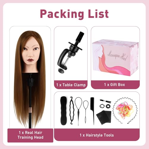 Image of Mannequin Head with 90% Human Real Hair, Cenoz 26 inch Hairdresser Cosmetology Training Head with Stand and Tool, Manikin Training Practice Head, Doll Head for Hair Styling (Golden)