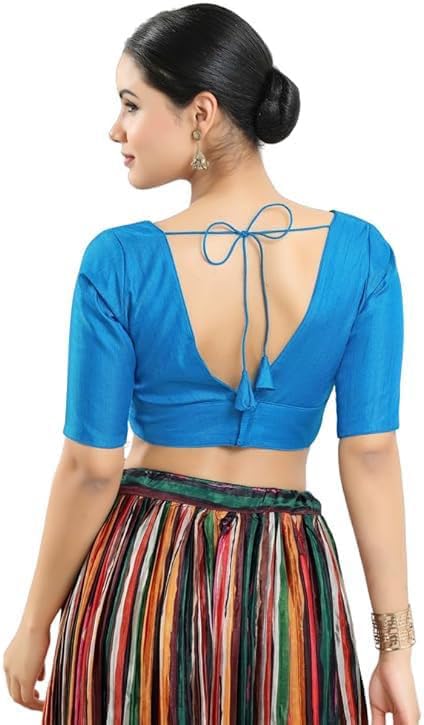Image of Dupion Silk Solid Non Padded Saree Blouse Top V-Neck Short Sleeves Hook and Eye Closure and Tie-Up Back Choli