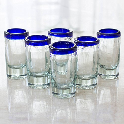 Novica Artisan Crafted Hand Blown Clear Blue Rim Recycled Glass Shot Glasses, 2 Oz. 'Tequila Blues' (Set Of 6) #TOP4