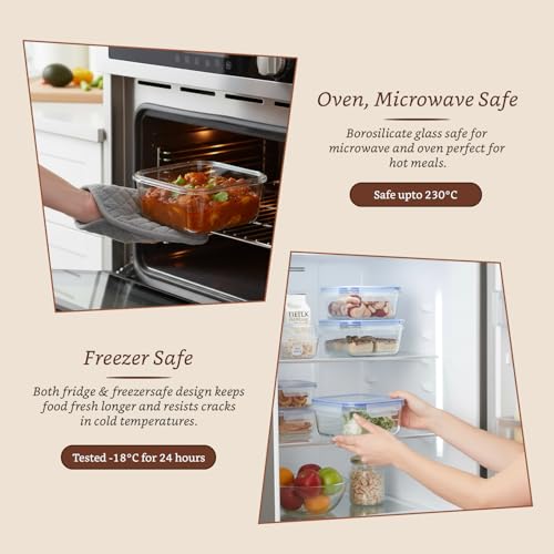 Image of Amazon Brand - Solimo Square Glass Food Storage Container, 900 ml - Set of 3, Airtight & Leakproof, Microwave & Freezer Safe, Transparent