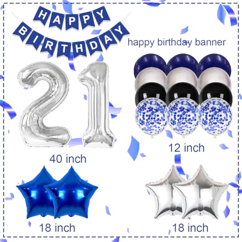 Happy 21st Birthday Decorations For Her Him, Blue Happy Birthday Banner, Silver 21 Balloon Number 40 Inch, 21st Birthday Balloons For Silver And Navy Blue Birthday Decorations by Pasiihol - Used condition - Image 2