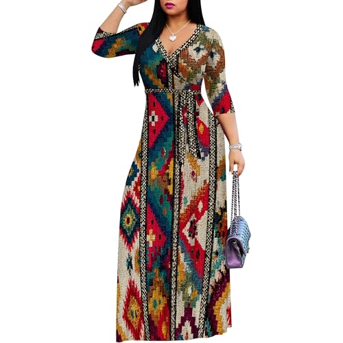 Image of Women Plus Size 3 /4 Sleeve V Neck Maxi Dress with Pockets | Soft fabric relaxed fit three quarter sleeve v neck with pockets for party and daily wear