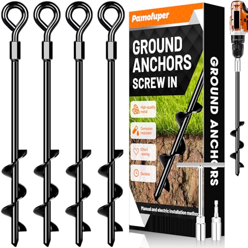 Ground Anchors Screw in Trampoline Anchors Heavy Duty Ground Anchors Tent Stakes for Camping Tent Trampoline Canopies Carports Sheds Swing Sets Black Anti-Rust Coating for High Wind (4 X 14)