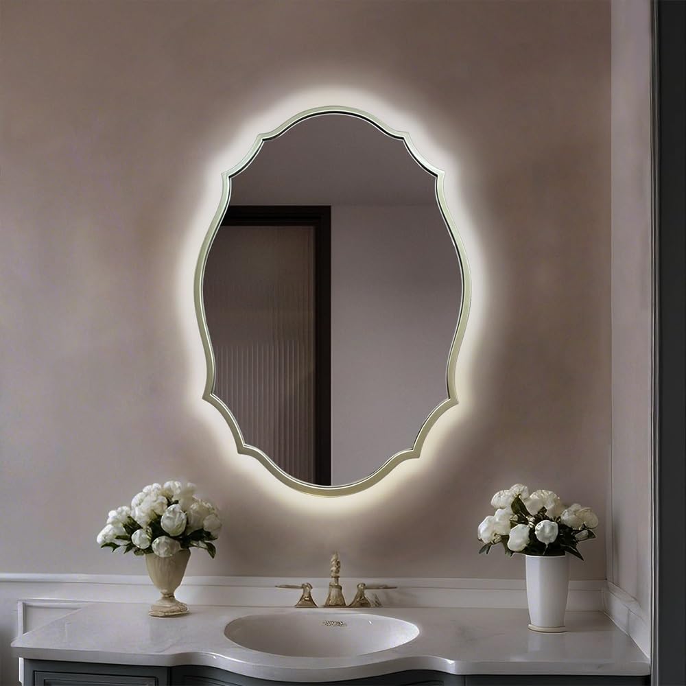 SXFSDOU LED Mirror French Bathroom 3-Color Dimmable Baroque Wall Irregular Vanity Gold Antique Decorative with Touch Switch(Champagne+led,50 * 70cm)