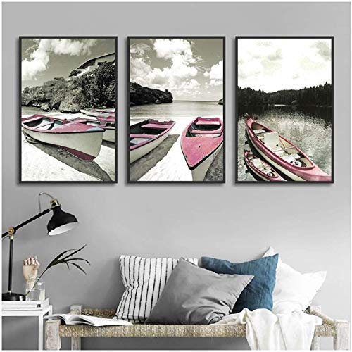 Toile paysage marin rose avec bateau 50x70cm affiche moderne sans cadre pour salon