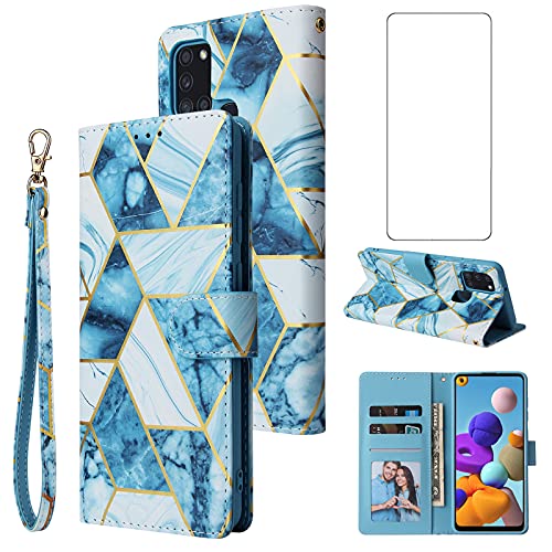 Housse cuir bleu Galaxy A21S étui Asuwish idéal pour voyager léger avec verre trempé écran