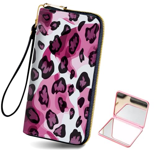 Long Wallet for Women, PU Leather Wristlet Wallets, Pink Leopard Print Credit Card Holder for Women, Convenient Travel Wallet with Wrist strap and Pink Mirror, Fashion and Sturdy Wallet.