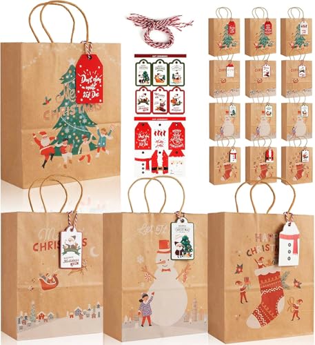 YUNISS Set di 10 sacchetti regalo natalizi in carta kraft con manici e etichette, motivi natalizi (12)