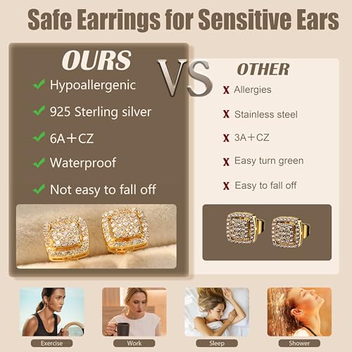 FASACCO Earrings for Men Sterling Silver Men's Earrings Black/Silver/14K Gold Earrings for Men Iced Out Earrings Halo Square Earrings Mens Stud Earrings Set4