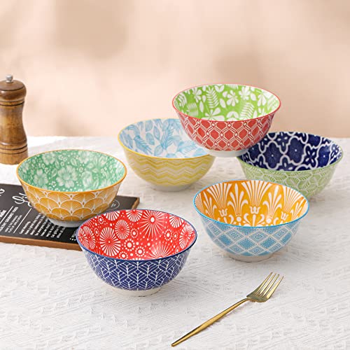 Cereal Bowls Set of 6-700 ml Colorful Ceramic Deep Soup Bowls - Ideal for Serving Breakfast, Oatmeal, Ramen, Pho, Noodle - Microwave and Dishwasher Safe