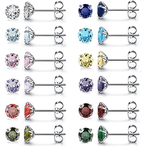 Top Plaza 12 Pairs Stud Earrings Set for Women 316L Surgical Hypoallergenic Stainless Steel Earrings Birthstone CZ Cubic Zirconia Stud Earrings for Women - 3mm Cover