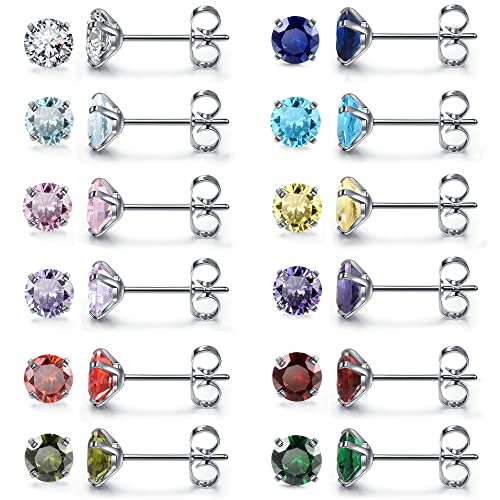Top Plaza 12 Pairs Stud Earrings Set for Women 316L Surgical Hypoallergenic Stainless Steel Double Piercing Earrings Birthstone Cubic Zirconia CZ Stud Earrings for Women