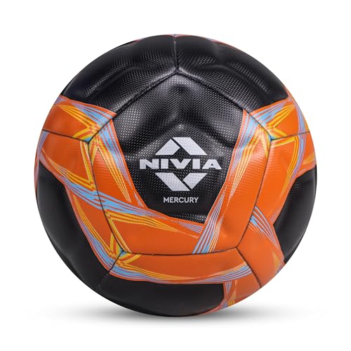 Image of Nivia Mercury Football with Ball Pump, PU Leather, Power Stitched Football, 12 Panel, Match Ball (Size - 5, Black /Orange)