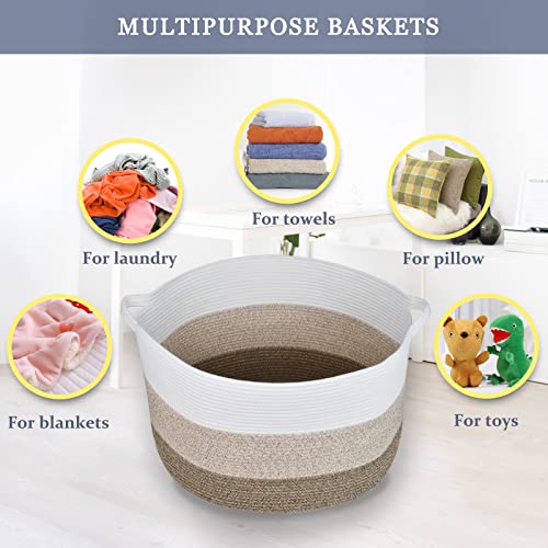 Image of Cotton Rope Blanket Basket, 87L Laundry Hamper, White & Ombre Brown | Collapsible Woven Nursery Hamper, Sturdy Handles for Clothes Toys Towels, Ideal for Living Room Bedroom Bathroom