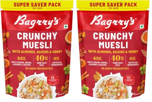 Image of Bagrry's Crunchy Muesli - 750g | 83% Multigrain, Brans, Almonds, Raisins & Honey | 40% Fibre Rich Oats | High Fibre and Protein Breakfast Cereal | No Added Preservatives | Non-GMO Oats | 100% Natural | Trans Fat & Cholesterol Free