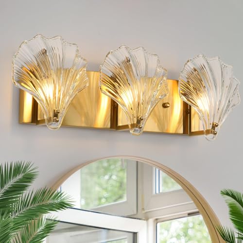 Image of Bathroom Light Fixtures, 3-Lights Vanity Lights Over Mirror, Modern Bathroom Wall Light with Clear Shell Shaped Glass Shades, Gold Wall Sconces for Bedroom Living Room Kitchen Hallway