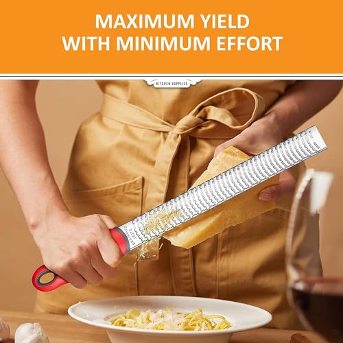 Image of Lemon Zester Grater with Handle, Kitchen Tool for Zesting Citrus Fruits & Finely Grating Parmesan Cheese, Garlic, Ginger, Coconut, Chocolate, Stainless Steel (Red)