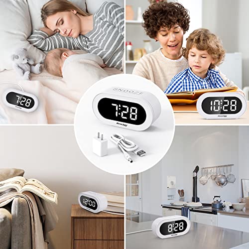 Image of REACHER Full Range Brightness Dimmer, Adjustable Volume, Outlet Powered Compact Small LED Digital Alarm Clock with Snooze (White)