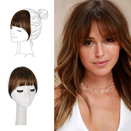 FESHFEN Clip in Bangs 100% Human Hair Extension Curved Bangs French Bangs Fringe Hair Pieces Clip on Natural Flat Neat Bangs with Temples One Piece Hairpiece Extension for Women Girls