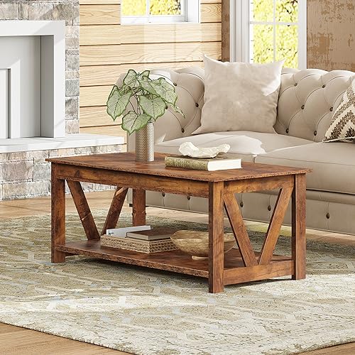 WLIVE Coffee Table, 43.3 Inch Farmhouse Table with Storage, Rustic Brown